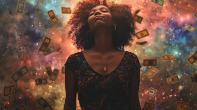 A cosmic style photo of a Black woman with dollars floating around her.