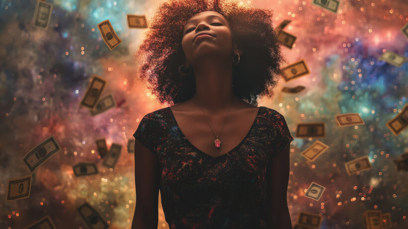 A cosmic style photo of a Black woman with dollars floating around her.